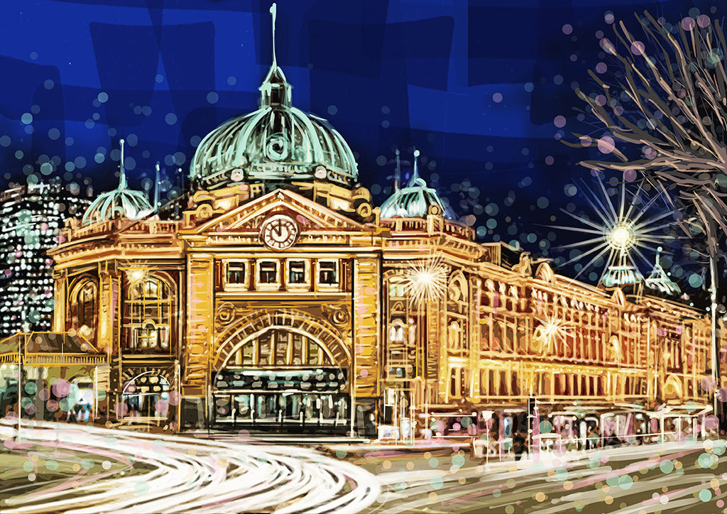 Print (Iconic) - Melbourne Flinders St Station Front night(Landscape)